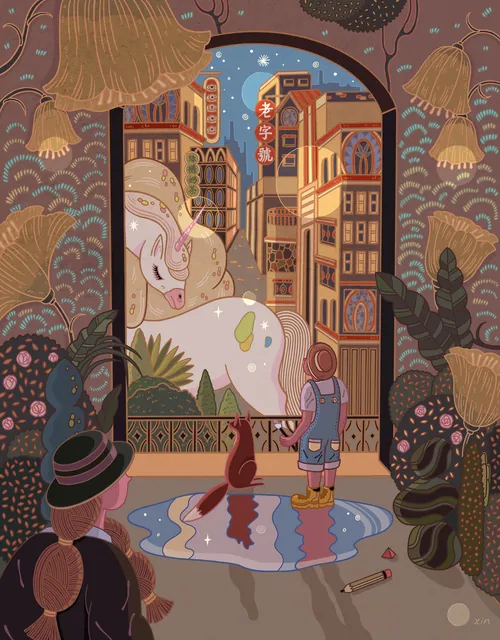 Child and cat watching giant white rabbit in cityscape by Yixin Zeng