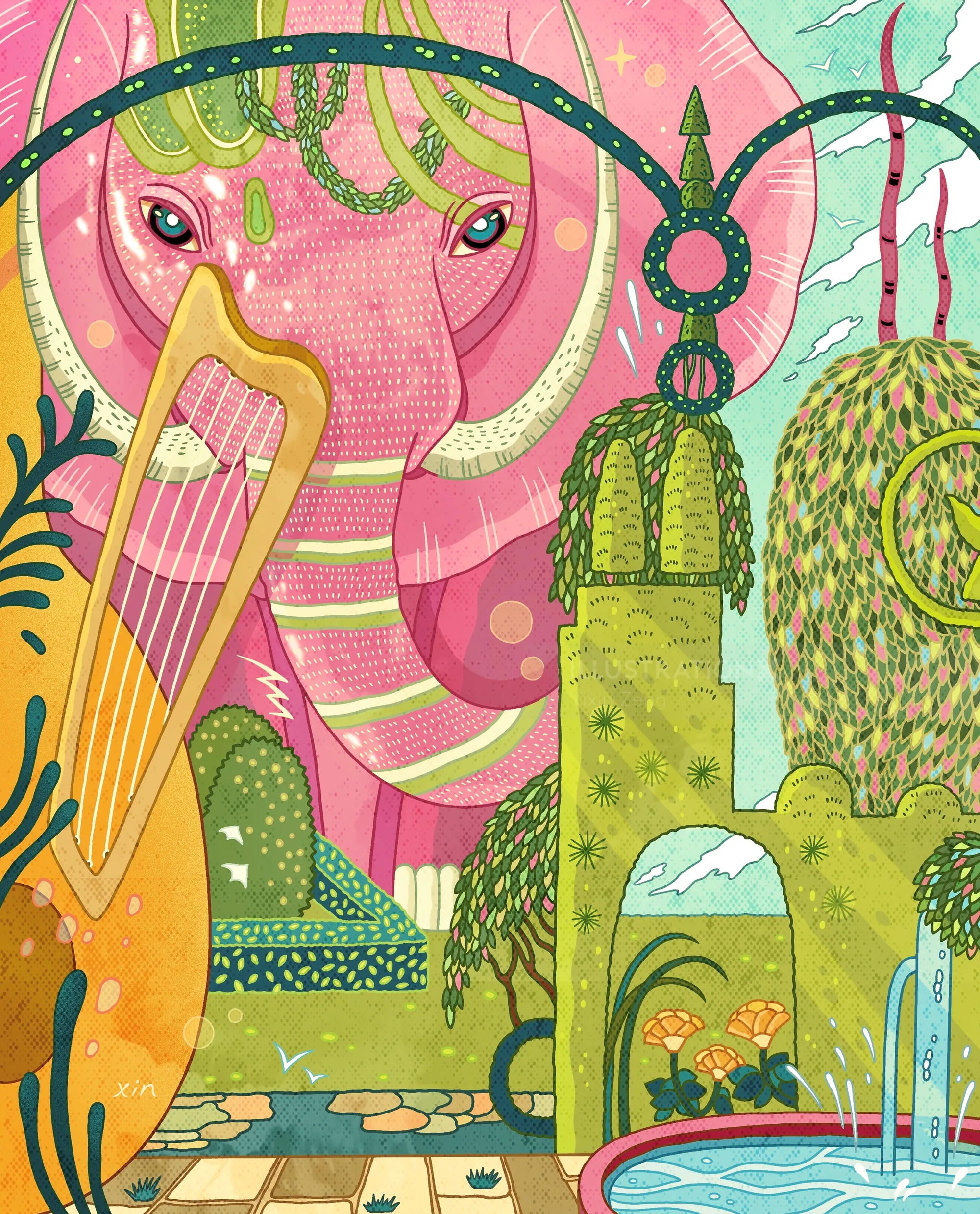 Surreal pink elephant with harp in a fantasy garden by Yixin Zeng