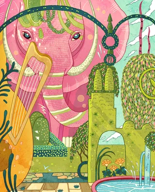 Surreal pink elephant with harp in a fantasy garden by Yixin Zeng
