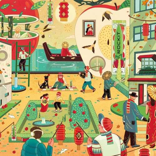 Festive Asian street with people, lanterns, and cats by Yixin Zeng