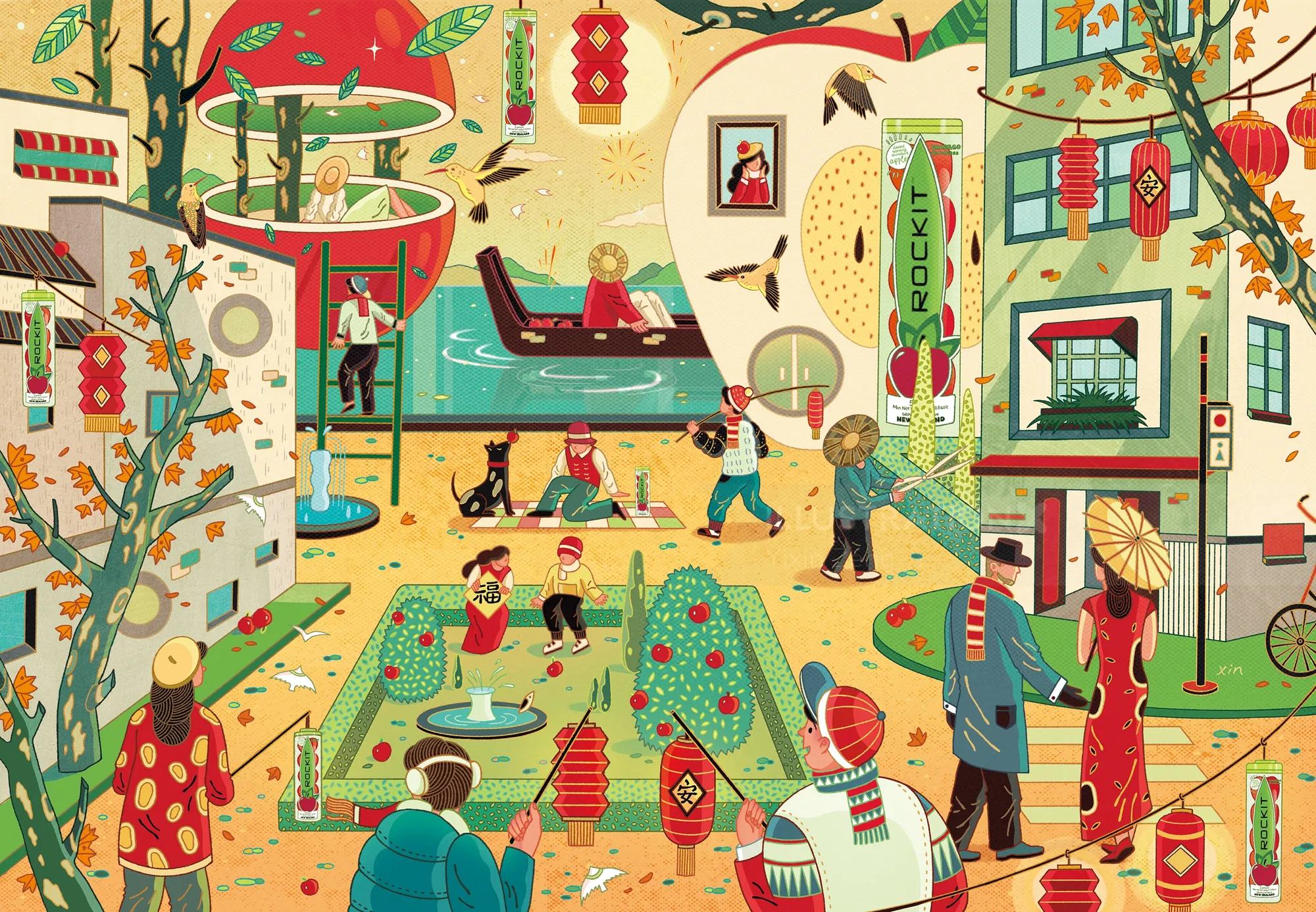 Festive Asian street with people, lanterns, and cats by Yixin Zeng
