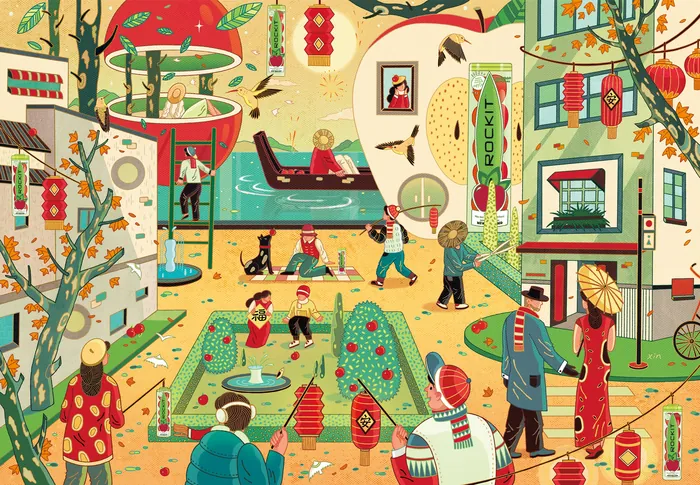 Festive Asian street with people, lanterns, and cats by Yixin Zeng