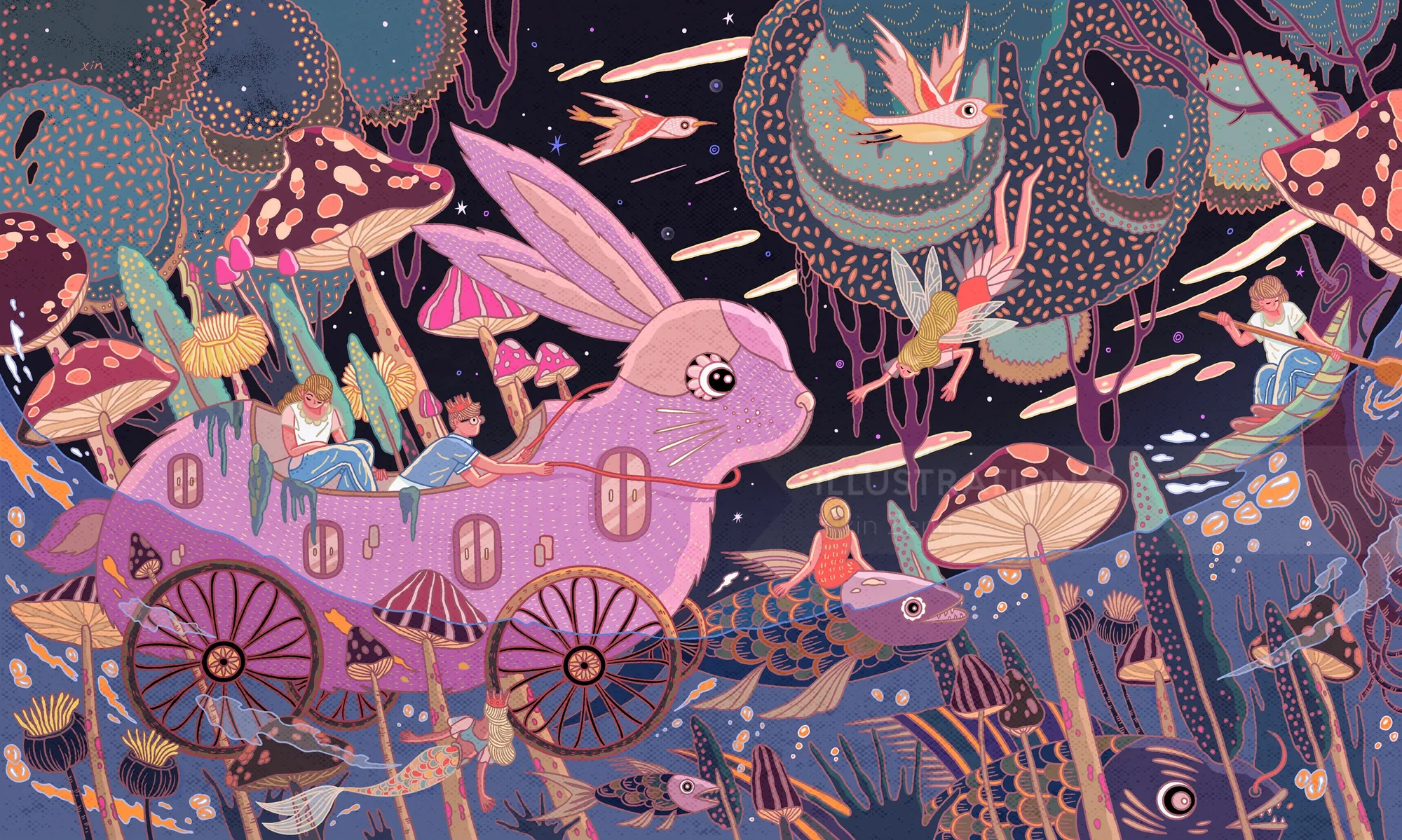 Whimsical rabbit wagon with wings in mushroom forest by Yixin Zeng