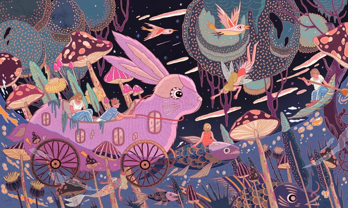 Whimsical rabbit wagon with wings in mushroom forest by Yixin Zeng