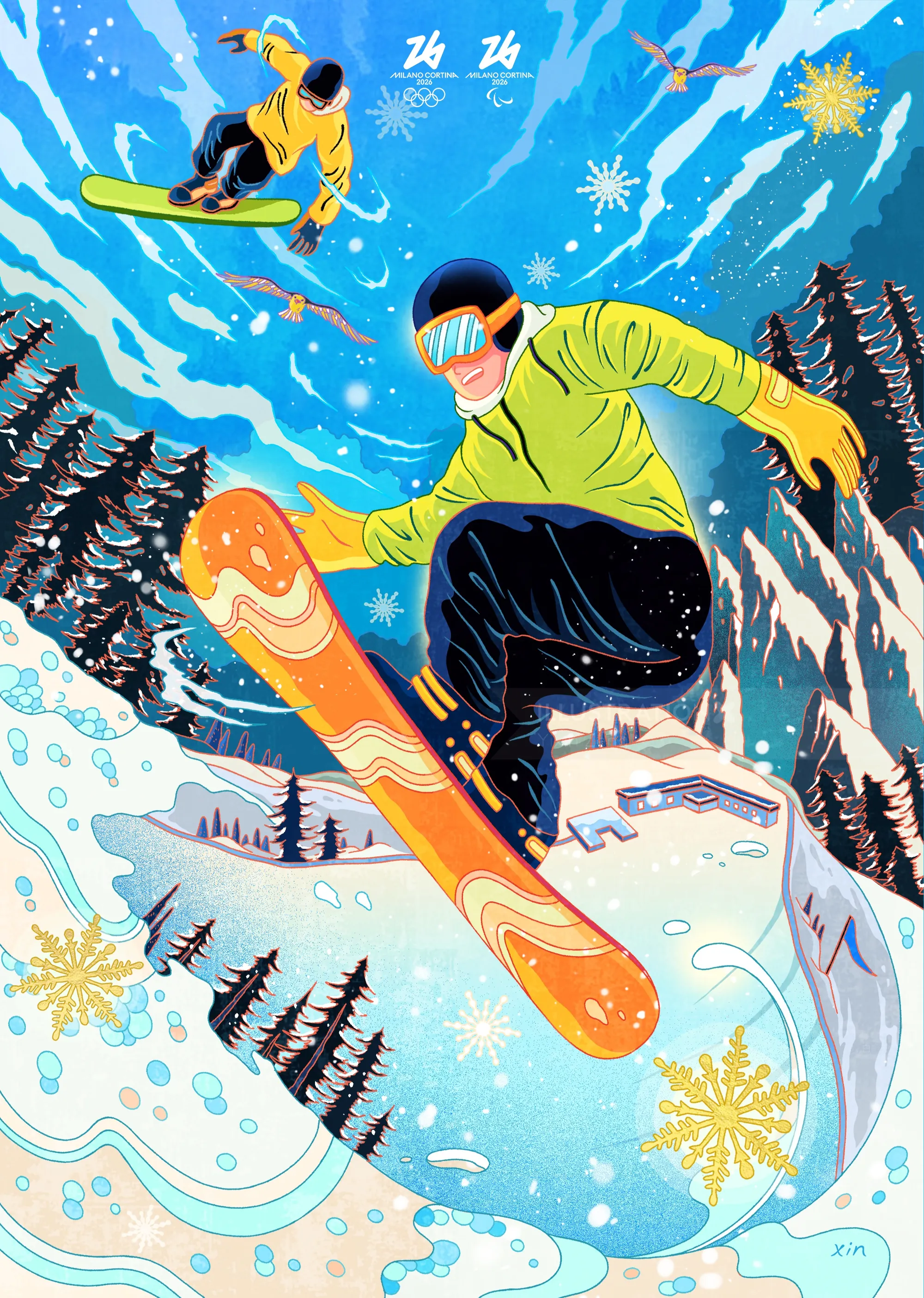 Snowboarders performing tricks on snowy mountain slopes by Yixin Zeng