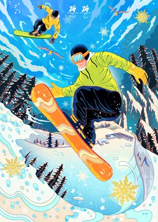 Snowboarders performing tricks on snowy mountain slopes by Yixin Zeng