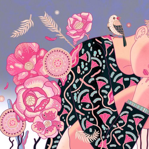 Stylized woman with pink flowers and bird by Yixin Zeng