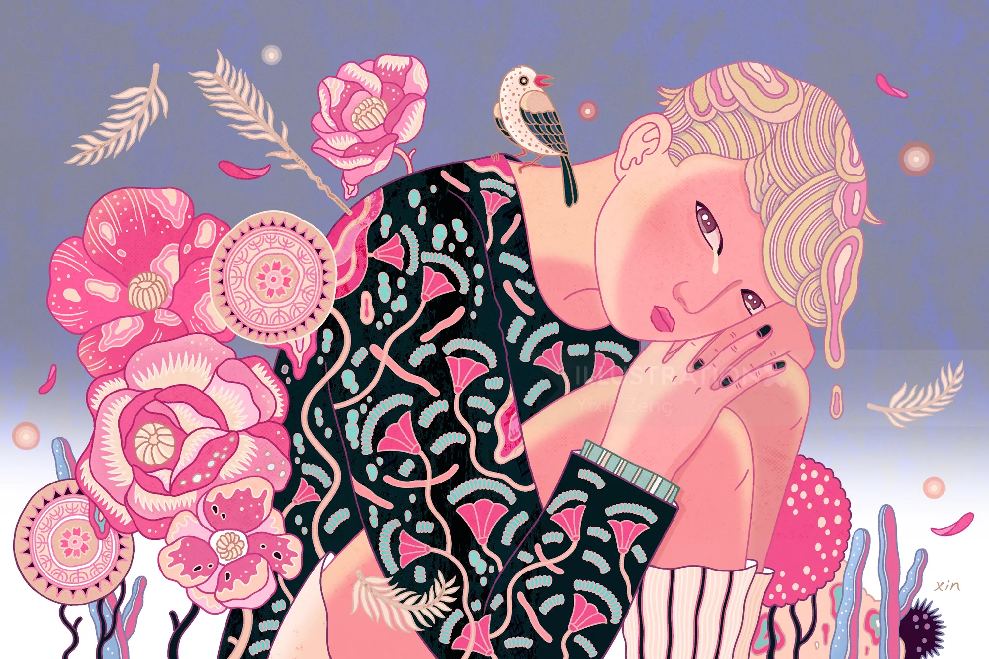 Stylized woman with pink flowers and bird by Yixin Zeng