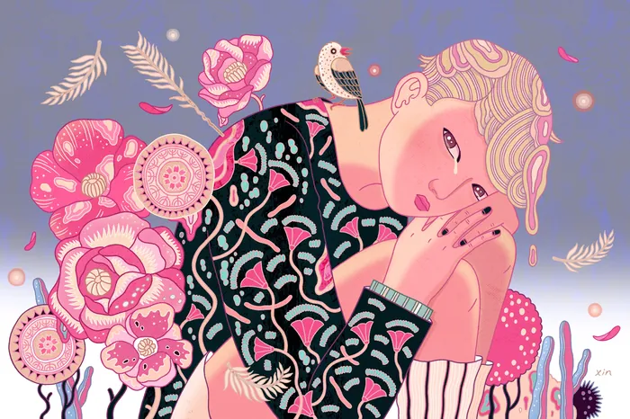 Stylized woman with pink flowers and bird by Yixin Zeng