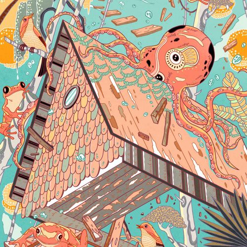 Underwater scene with octopus, fish, and wooden house by Yixin Zeng