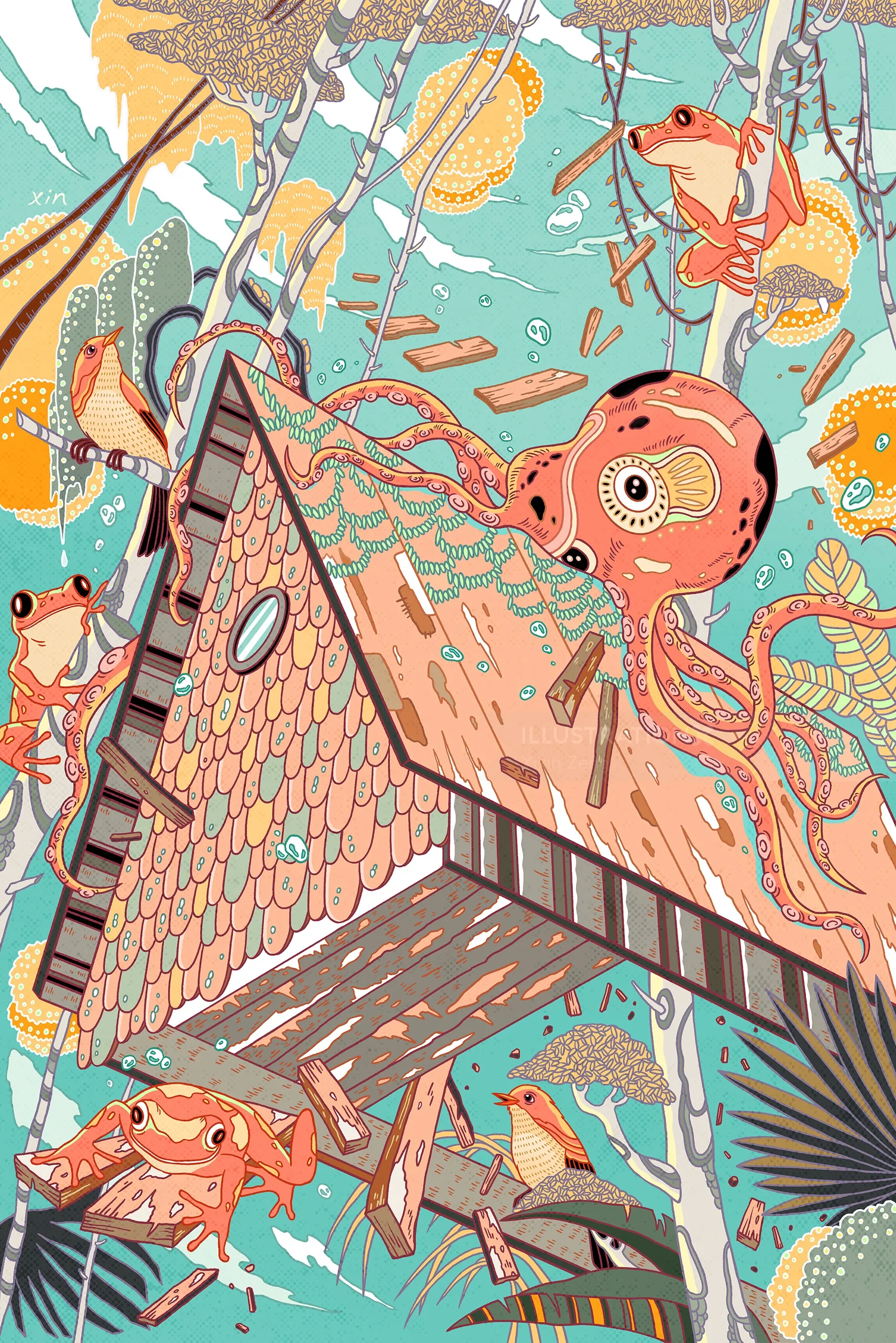Underwater scene with octopus, fish, and wooden house by Yixin Zeng