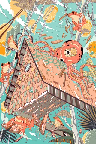 Underwater scene with octopus, fish, and wooden house by Yixin Zeng