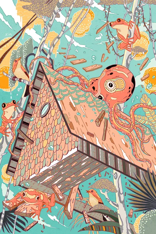 Underwater scene with octopus, fish, and wooden house by Yixin Zeng