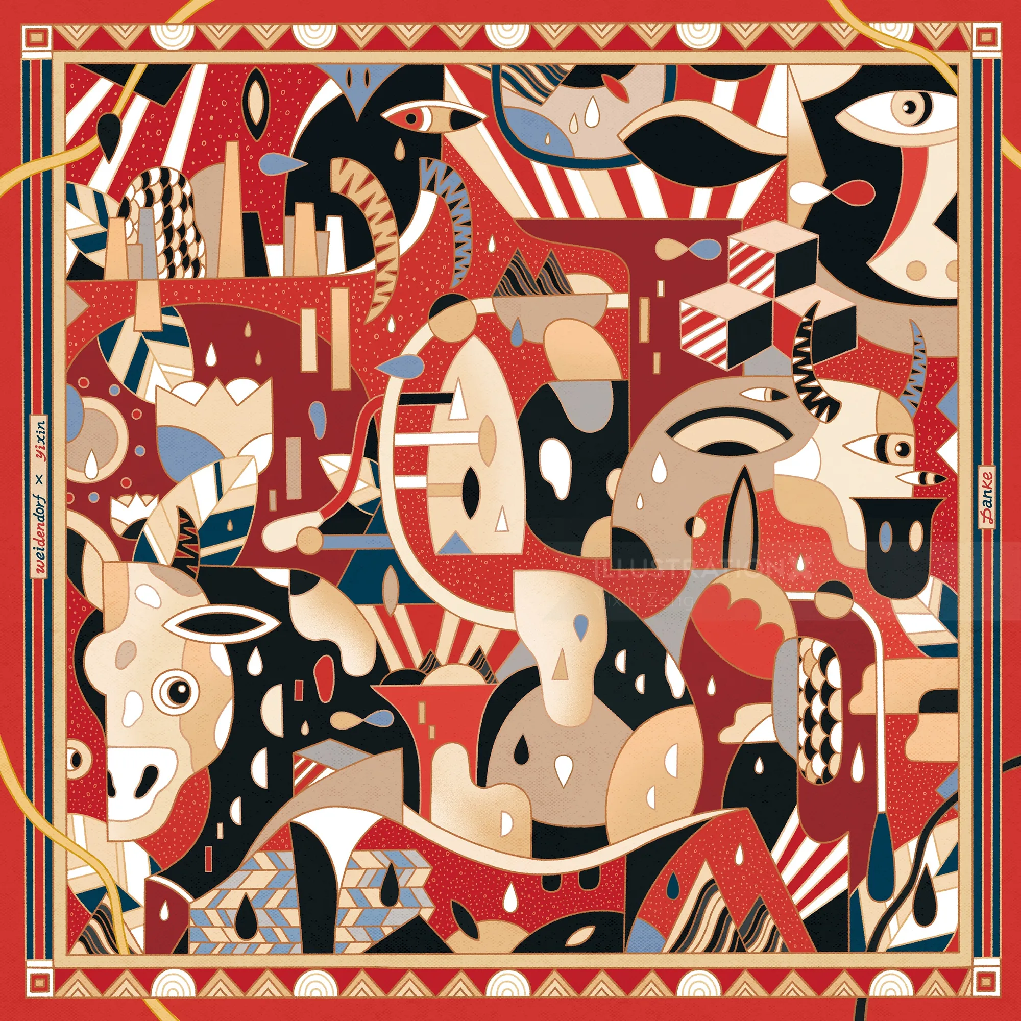 Abstract geometric animal shapes in red, beige, and black by Yixin Zeng