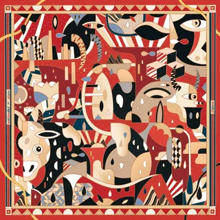 Abstract geometric animal shapes in red, beige, and black by Yixin Zeng