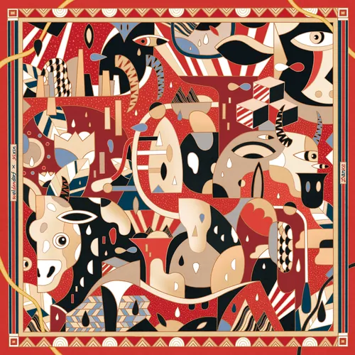 Abstract geometric animal shapes in red, beige, and black by Yixin Zeng
