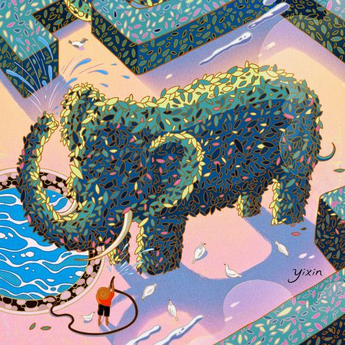 Topiary elephant sculpture in a garden with watering can and person, artwork by Yixin Zeng