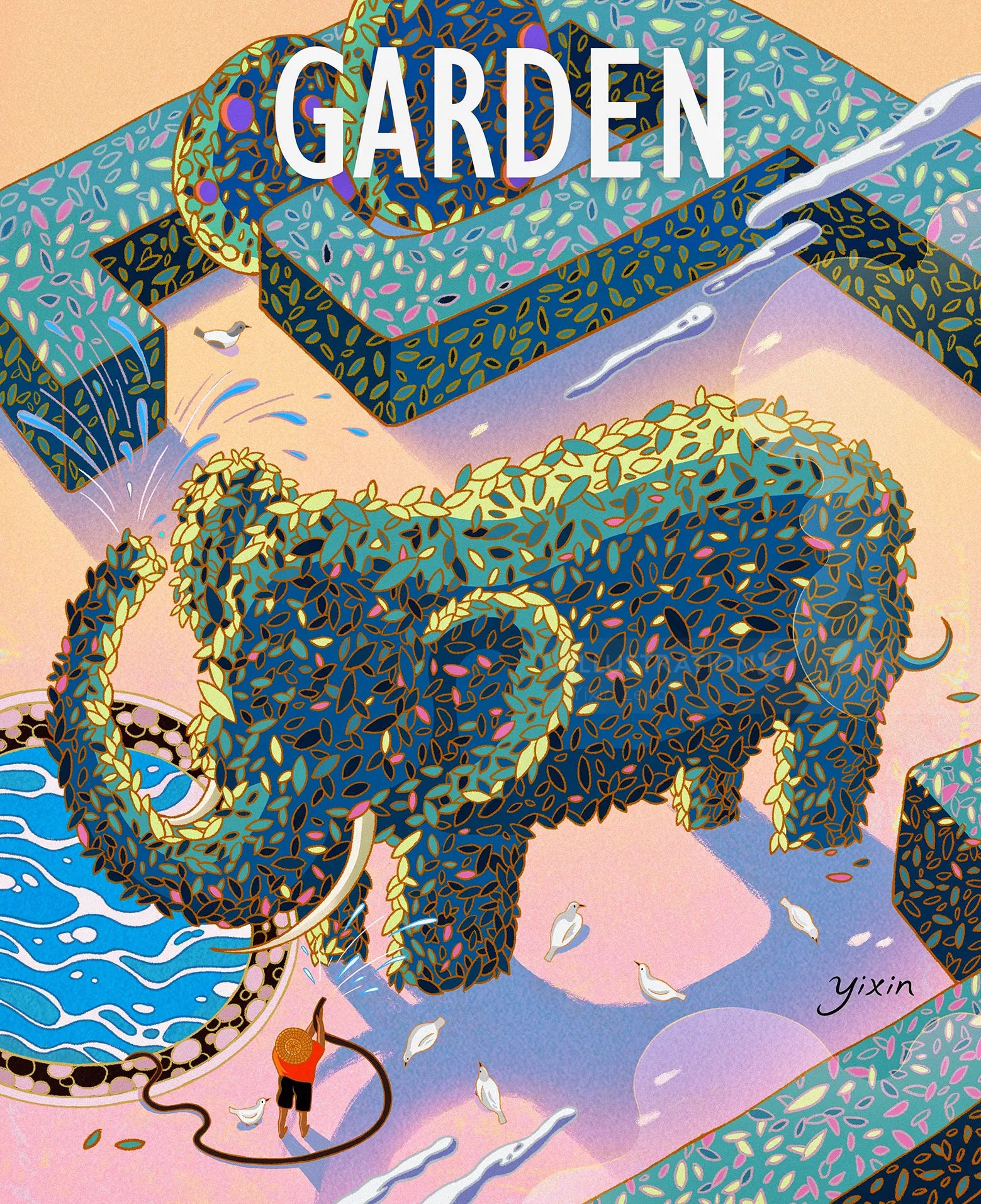 Topiary elephant sculpture in a garden with watering can and person, artwork by Yixin Zeng