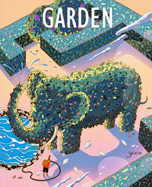 Topiary elephant sculpture in a garden with watering can and person, artwork by Yixin Zeng