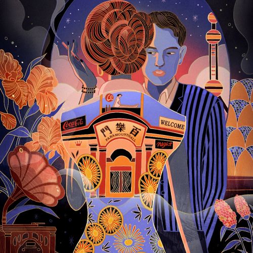 Stylized couple with Shanghai skyline and flowers, illustration by Yixin Zeng