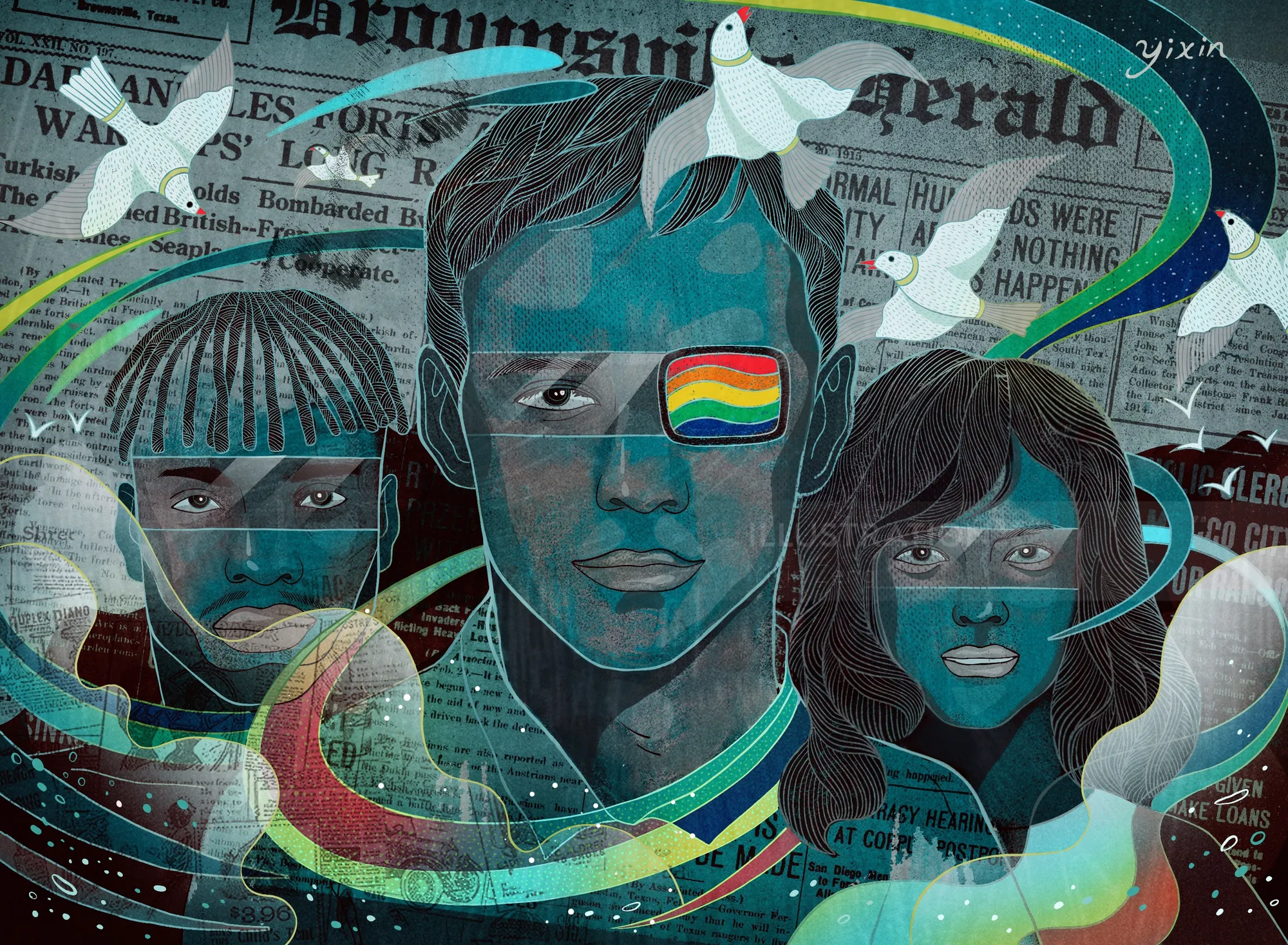 Abstract faces with birds and colorful swirls over newspaper background by Yixin Zeng