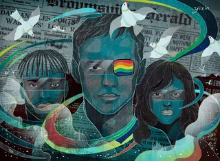 Abstract faces with birds and colorful swirls over newspaper background by Yixin Zeng