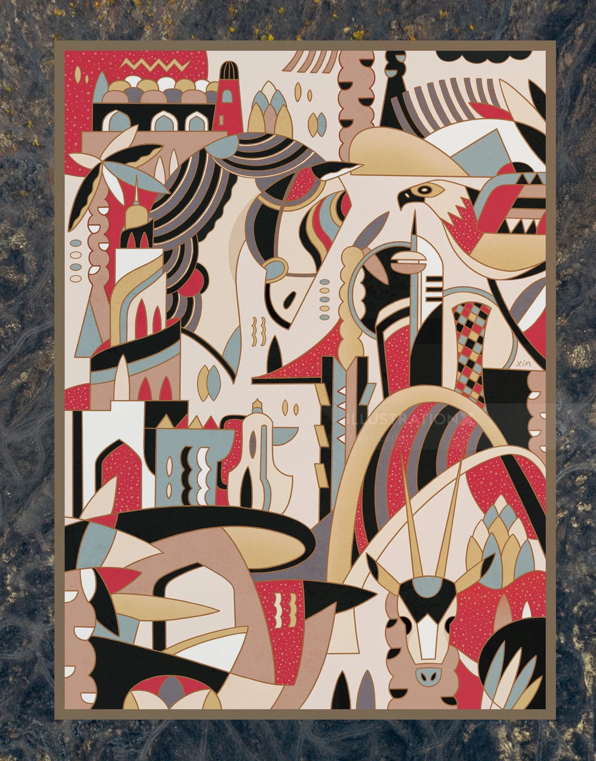 Abstract geometric shapes and stylized animals by Yixin Zeng