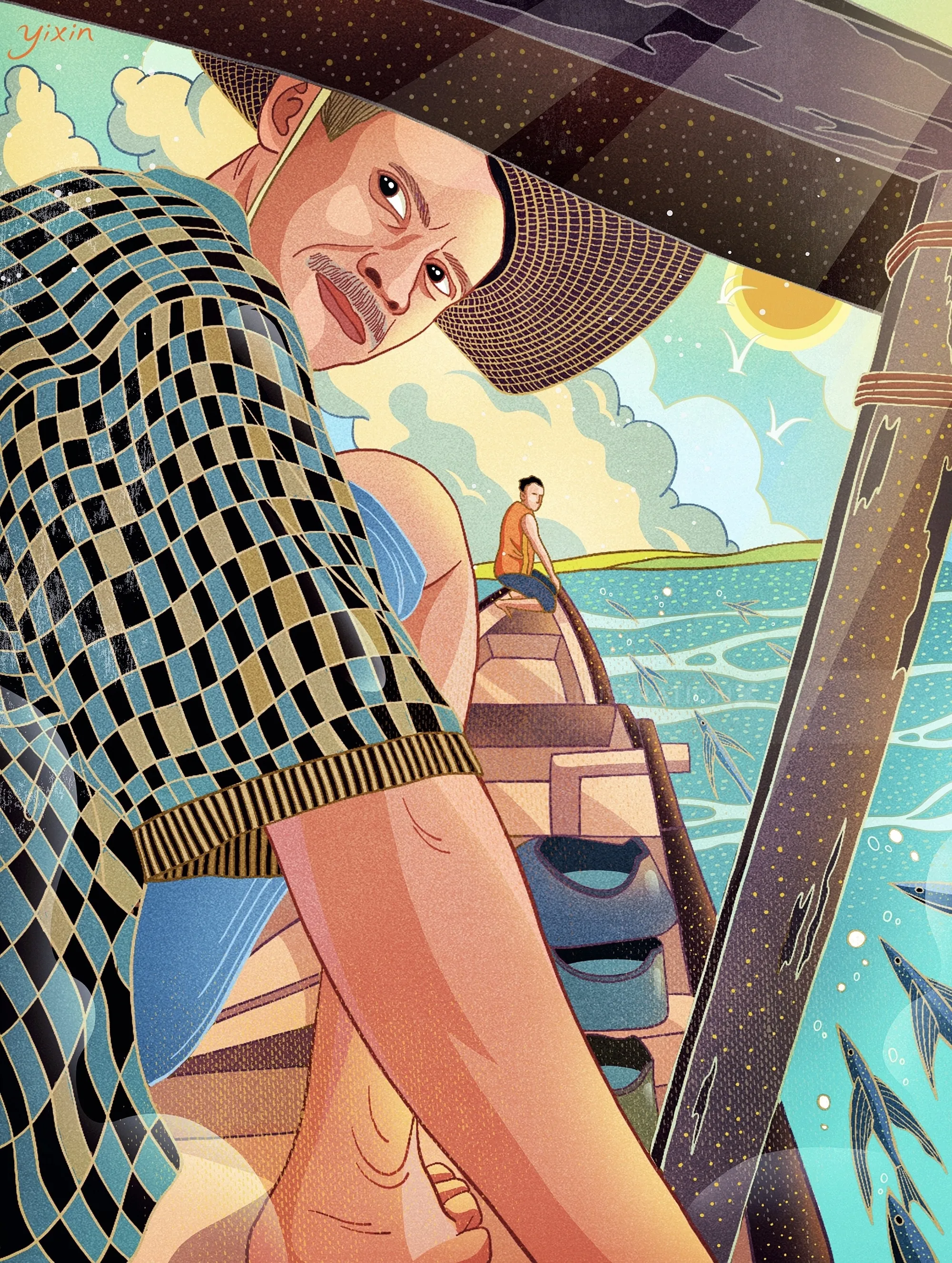 Man fishing on a boat with fish in water by Yixin Zeng
