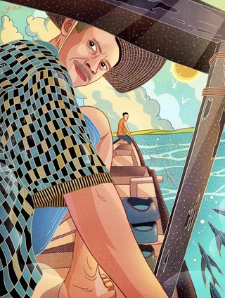 Man fishing on a boat with fish in water by Yixin Zeng
