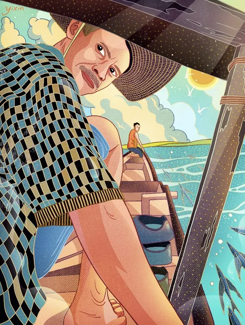 Man fishing on a boat with fish in water by Yixin Zeng