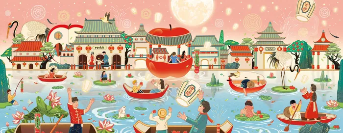 Illustration of traditional Chinese waterfront with boats and lanterns by Yixin Zeng
