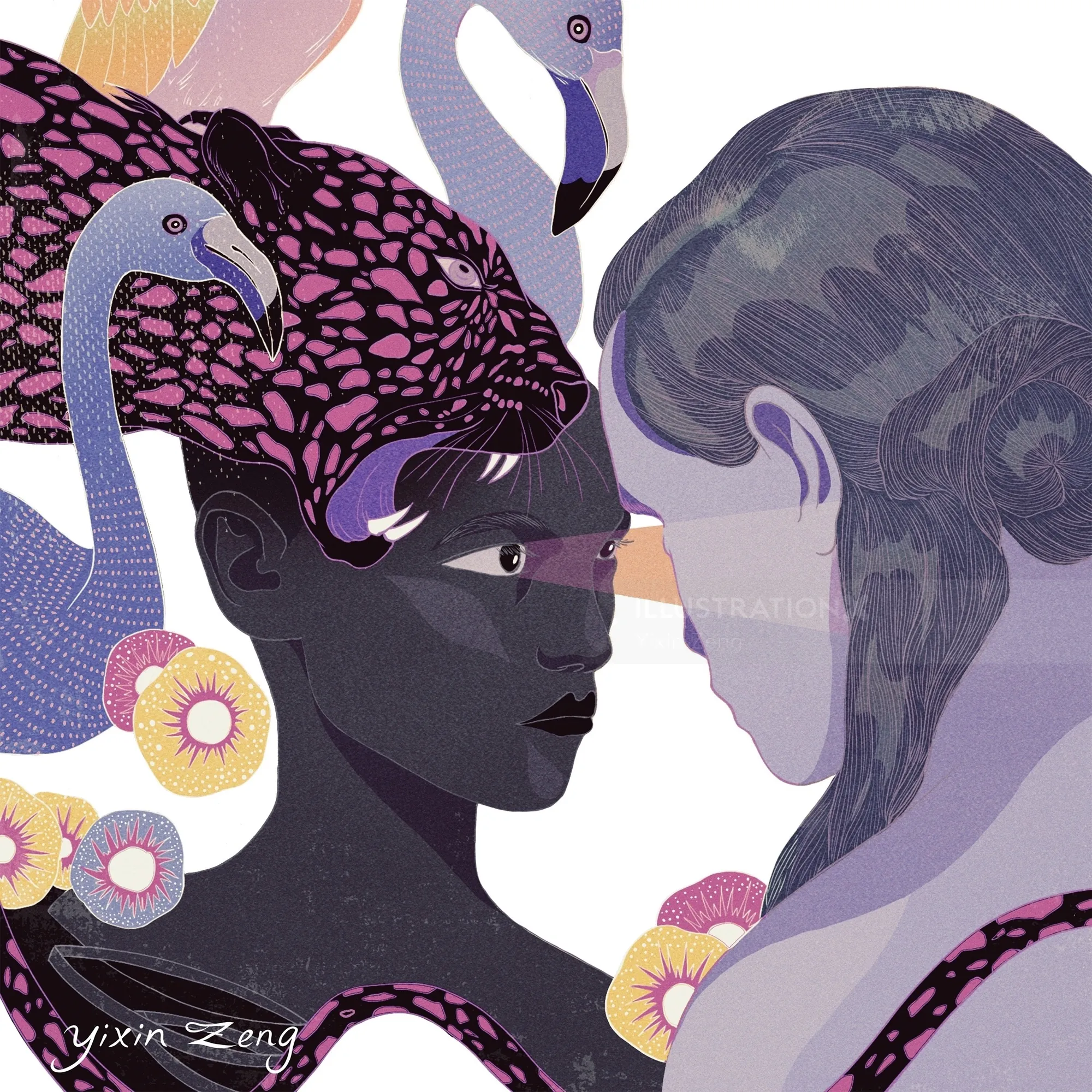 Two women with flamingo motifs and floral designs by Yixin Zeng