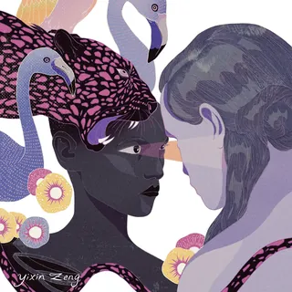 Two women with flamingo motifs and floral designs by Yixin Zeng