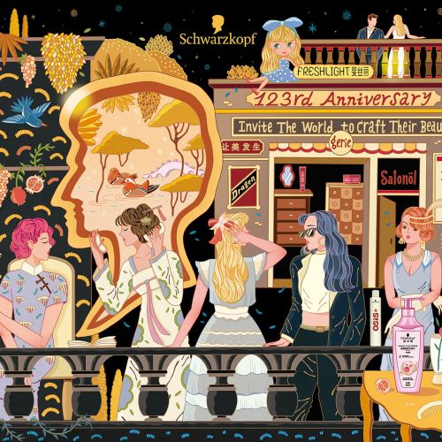 Illustration of women at vintage Schwarzkopf beauty salon, artwork by Yixin Zeng