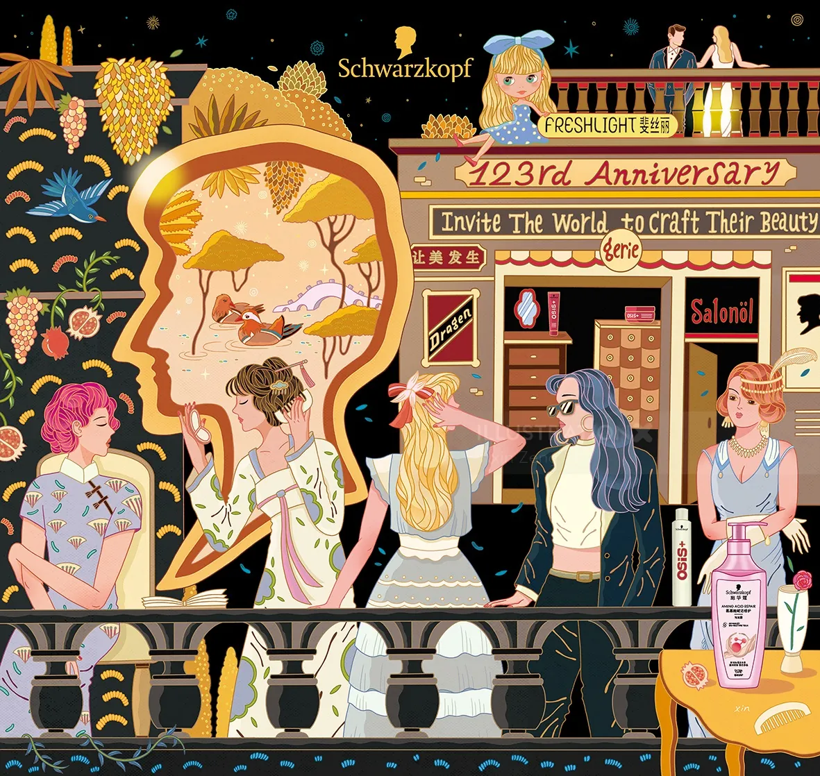 Illustration of women at vintage Schwarzkopf beauty salon, artwork by Yixin Zeng