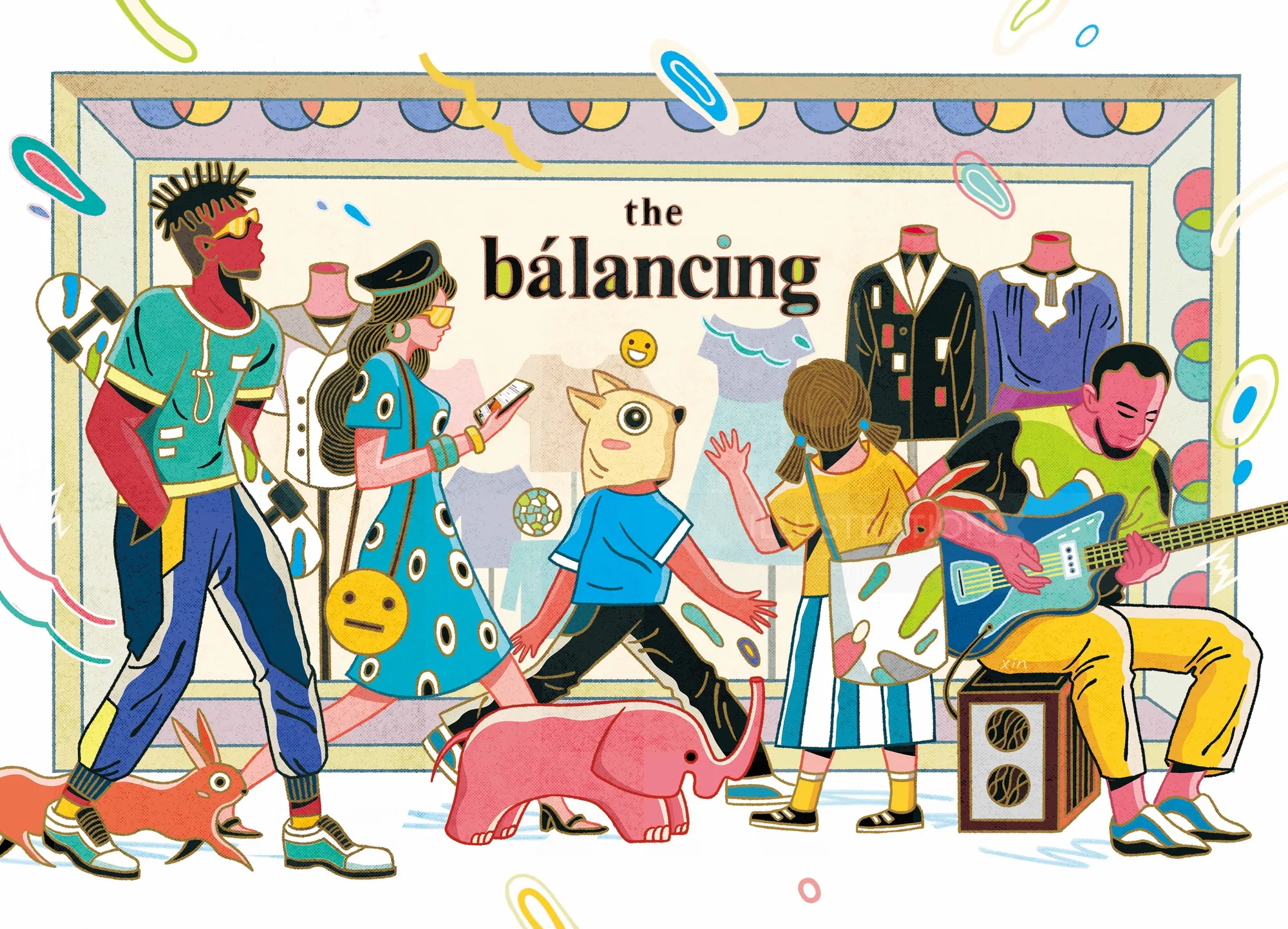 Colorful artwork showing people and animals balancing objects, by Yixin Zeng