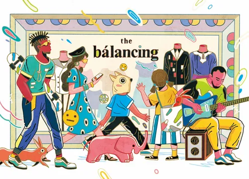 Colorful artwork showing people and animals balancing objects, by Yixin Zeng