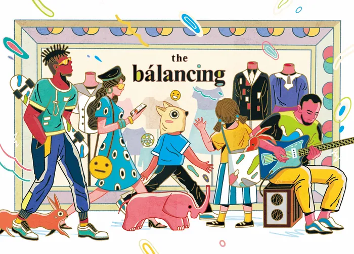 Colorful artwork showing people and animals balancing objects, by Yixin Zeng