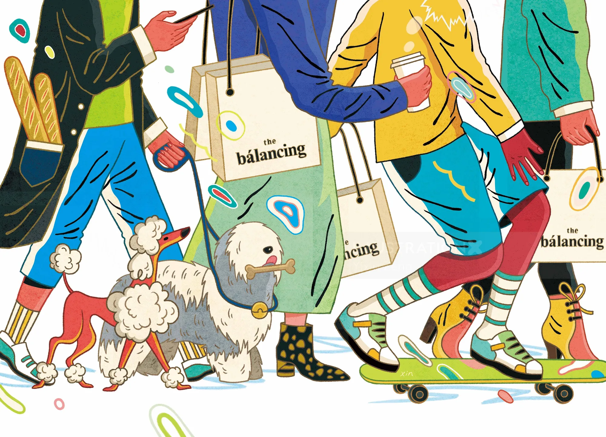 People walking dogs and carrying tote bags, one on skateboard, artwork by Yixin Zeng