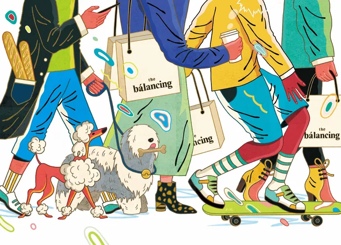 People walking dogs and carrying tote bags, one on skateboard, artwork by Yixin Zeng
