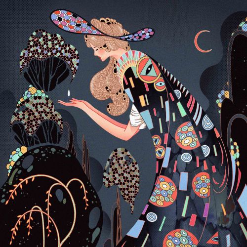 Surreal woman in patterned dress with trees and crescent moon by Yixin Zeng