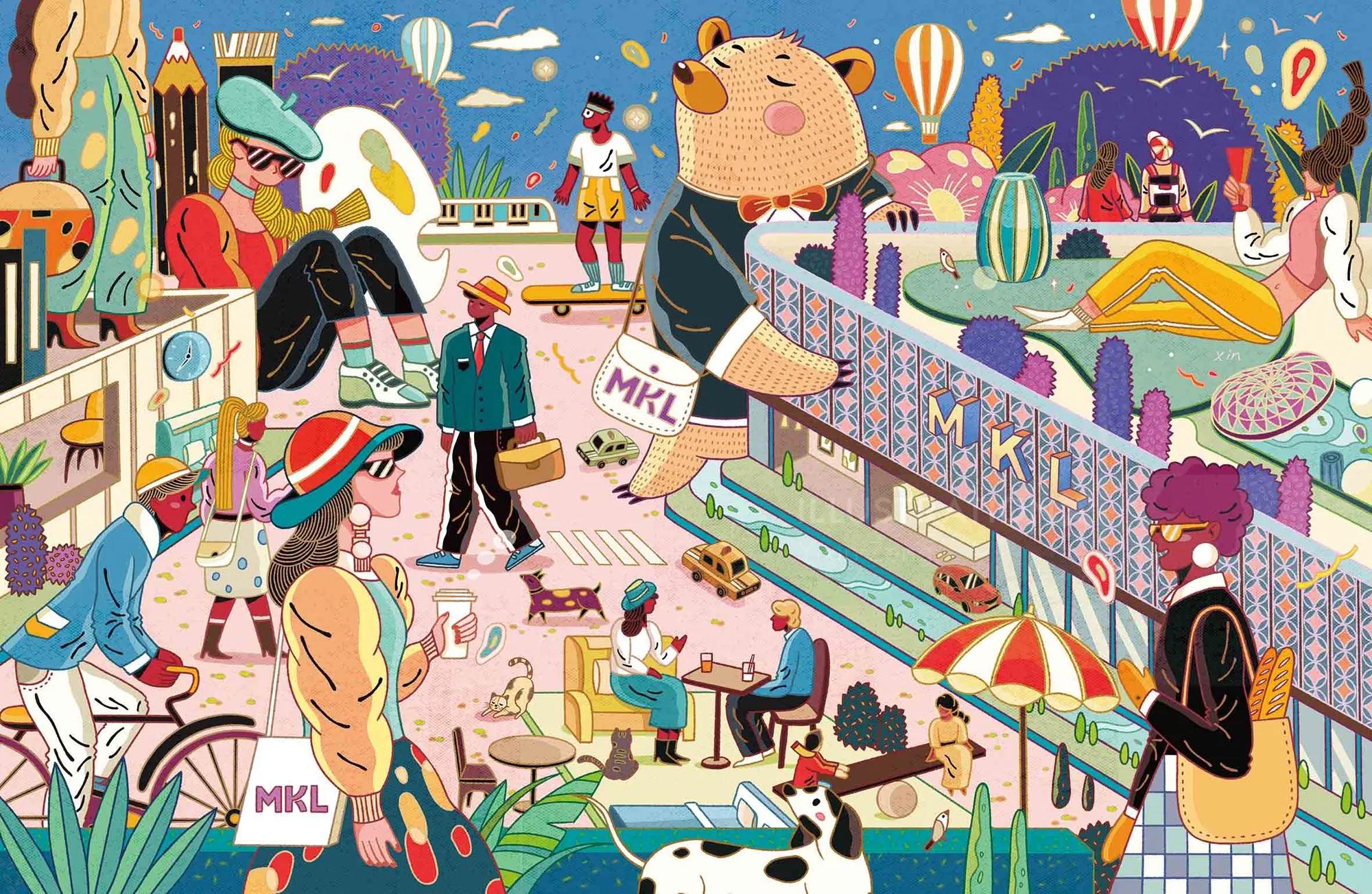 Colorful urban scene with people, animals, and market stalls by Yixin Zeng