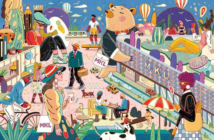 Colorful urban scene with people, animals, and market stalls by Yixin Zeng