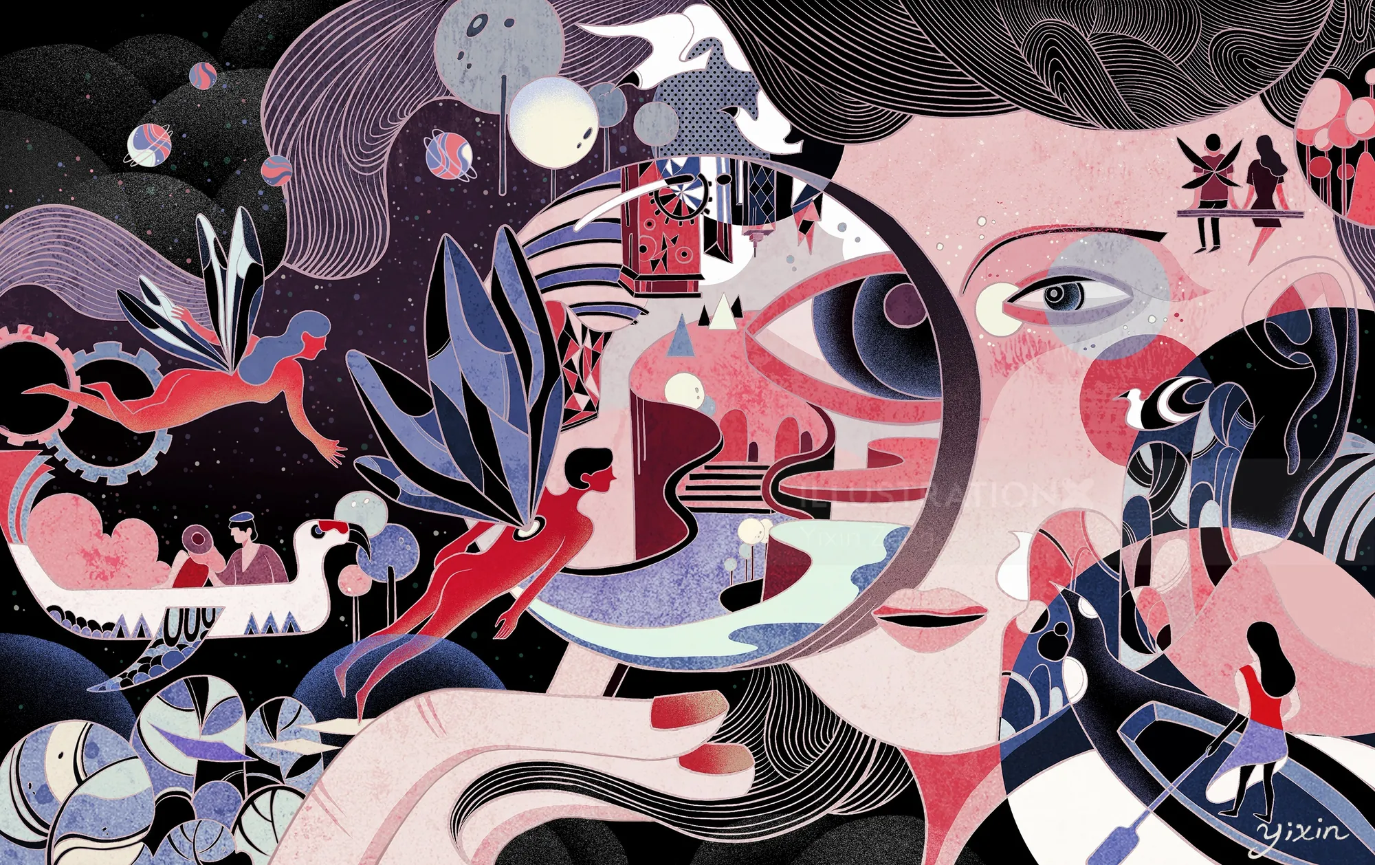 Surreal cosmic woman with abstract shapes by Yixin Zeng