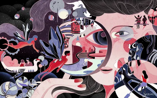 Surreal cosmic woman with abstract shapes by Yixin Zeng