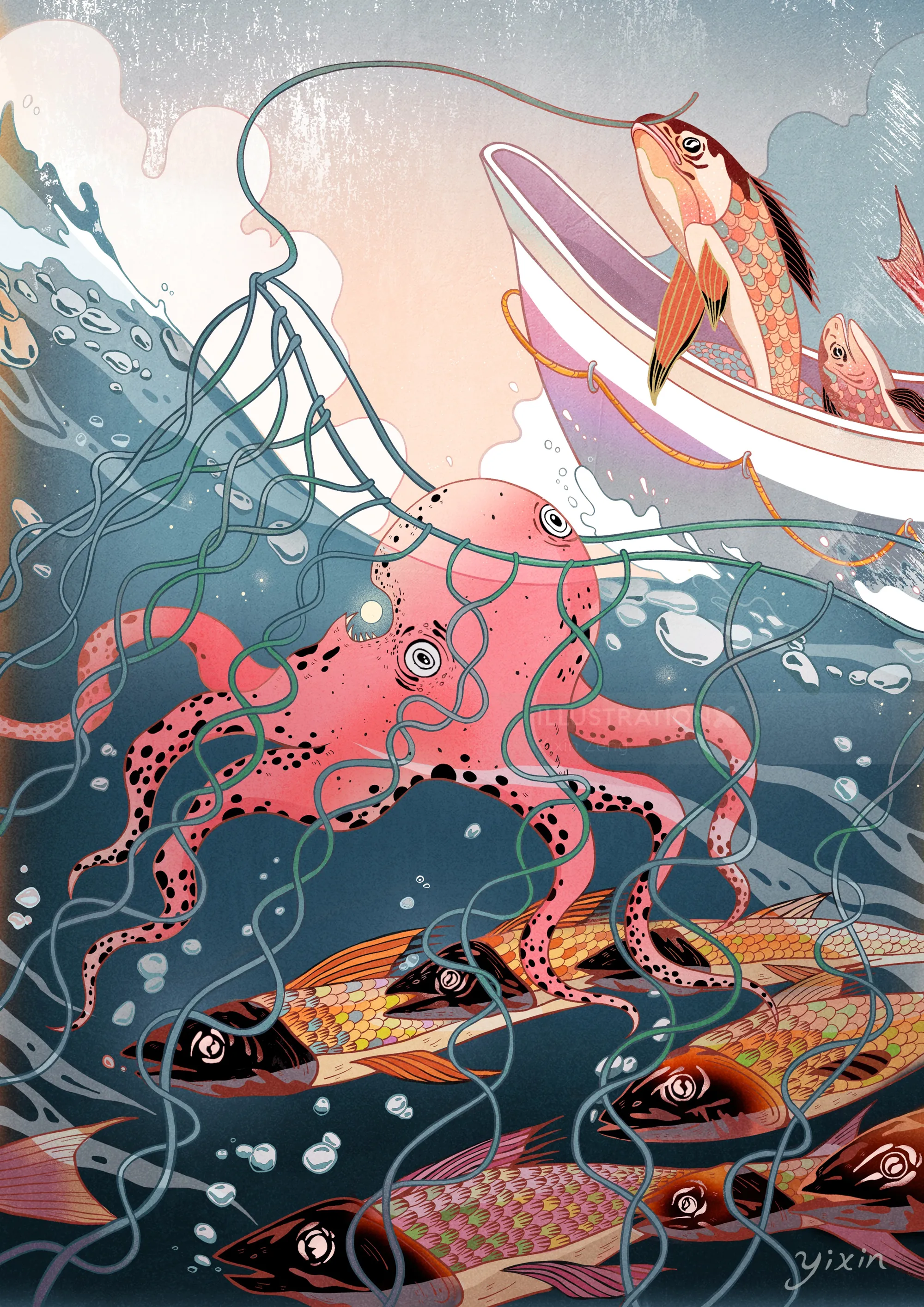 Underwater scene of octopus catching fish near a boat by Yixin Zeng