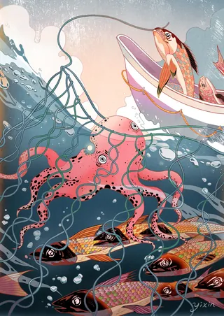 Underwater scene of octopus catching fish near a boat by Yixin Zeng