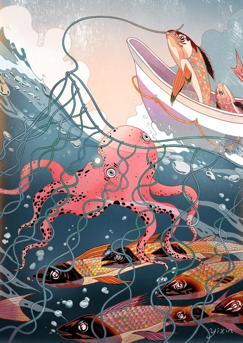 Underwater scene of octopus catching fish near a boat by Yixin Zeng