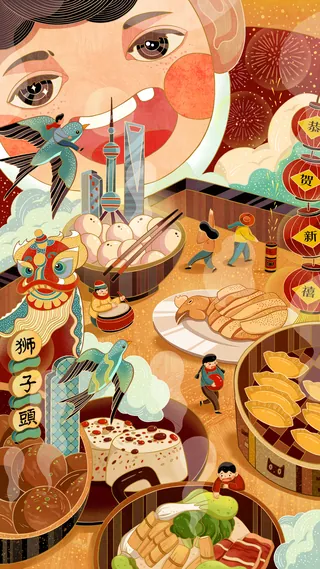 Colorful Chinese dim sum feast and lion dance by Yixin Zeng
