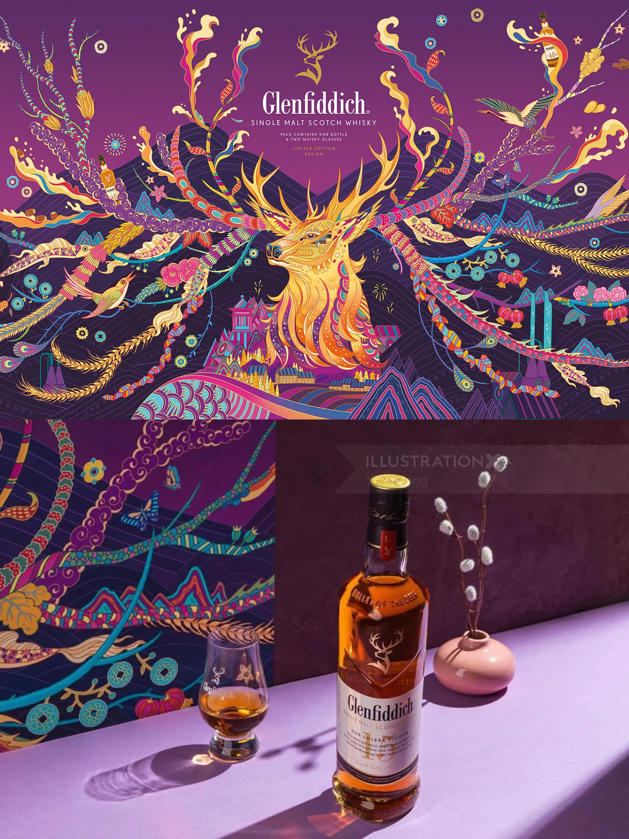Whisky bottle and glass with colorful stag art by Yixin Zeng